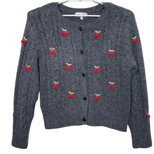 Hazel Moon Womens‎ Cardigan Sweater XL Cherry Embroidery Gray Cable Knit Kawaii